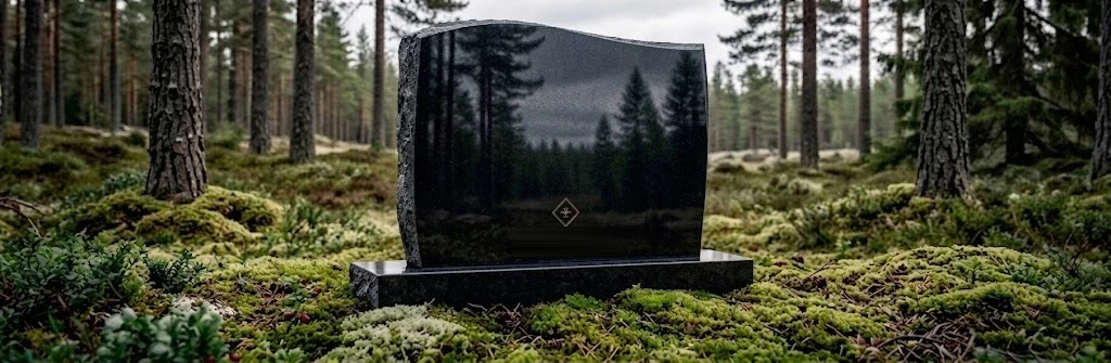 Sort, polert gravstein med gravert emblem, stående i mosekledd granskog