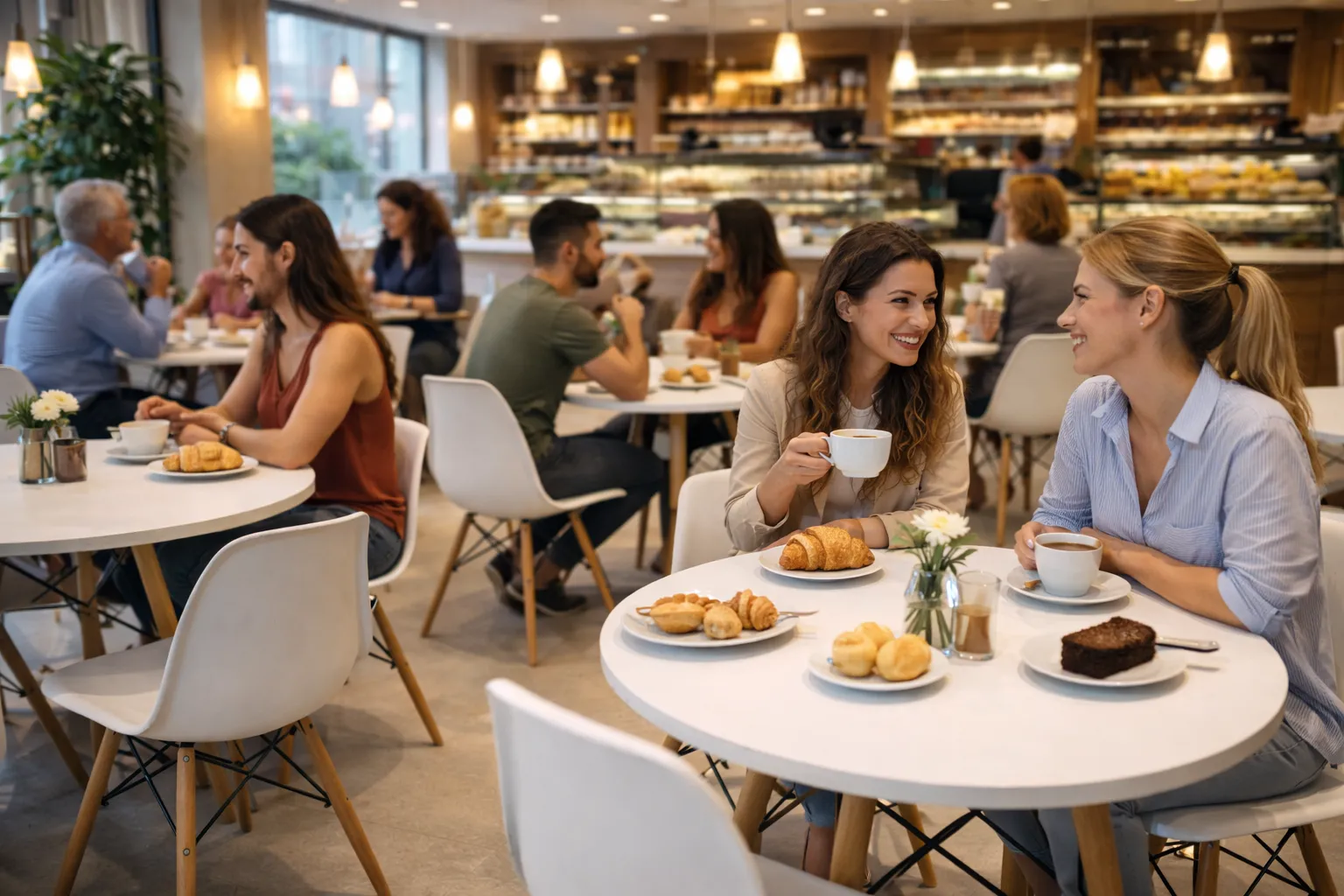 Cafeteria requintada com mesas e cadeiras