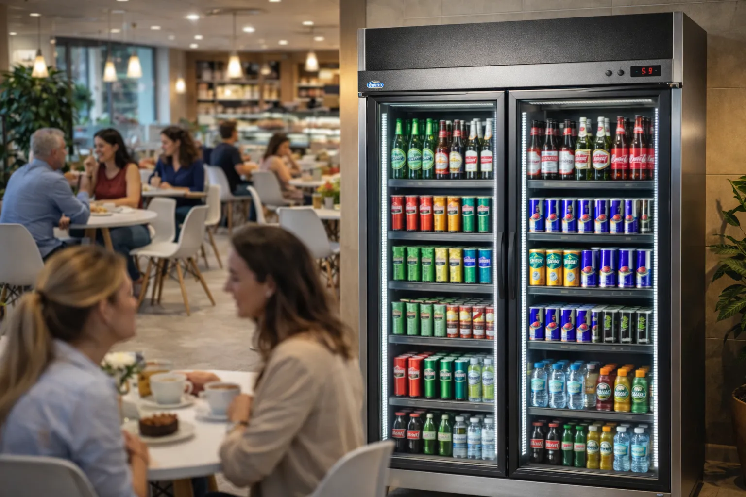 Lanchonete/cafeteria com Refrigerador expositor de bebidas em destaque