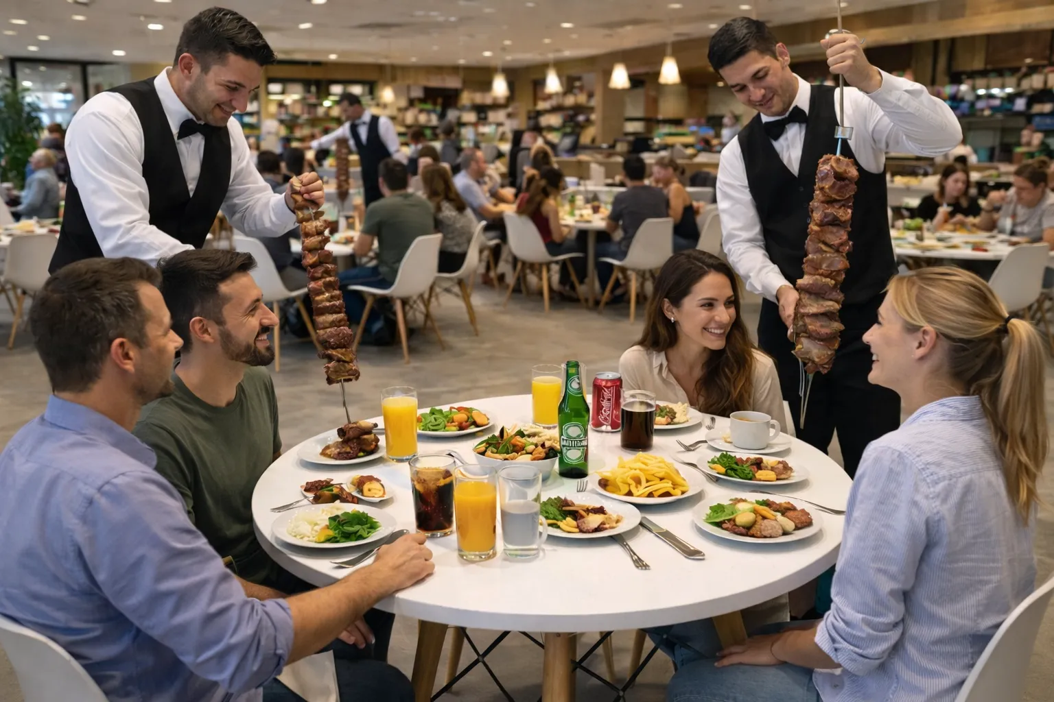 Restaurante/churrascaria com mesas e garçons