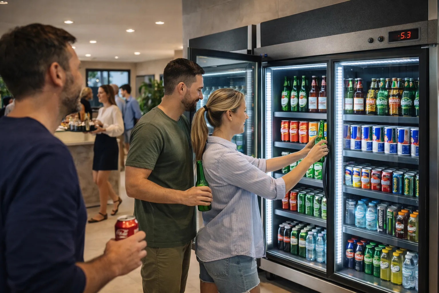 Salão de festas com pessoas e RFefrigerador expositor em destaque