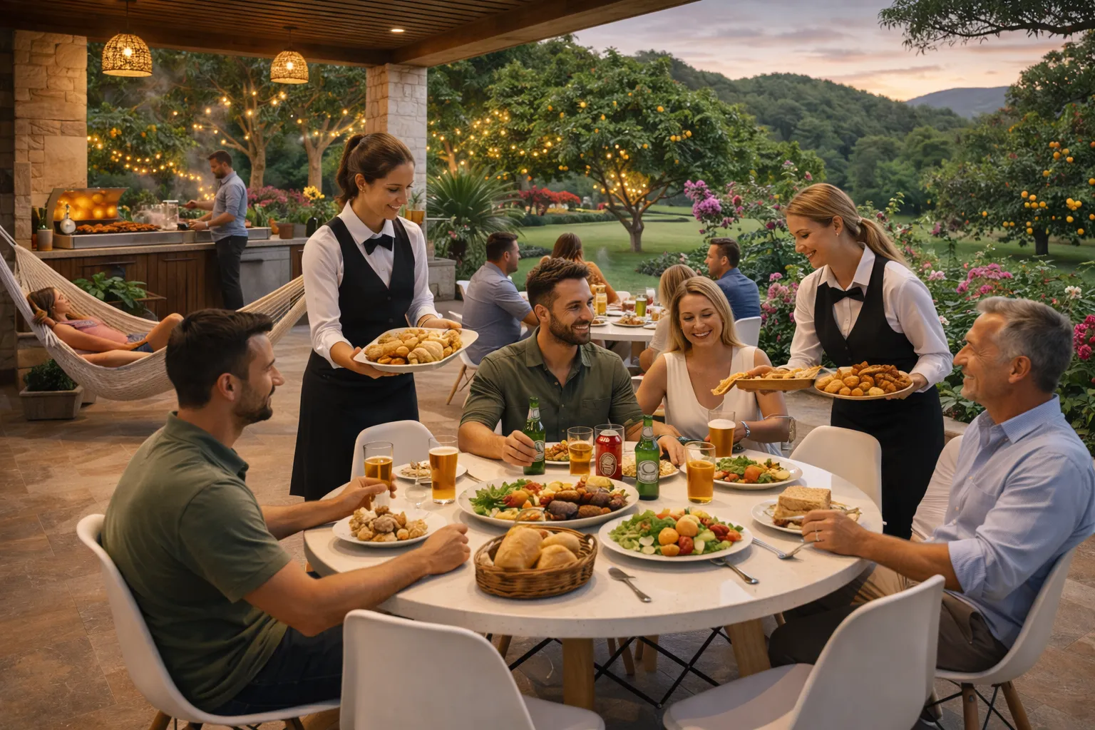 Varanda de sítio com mesas ocupadas